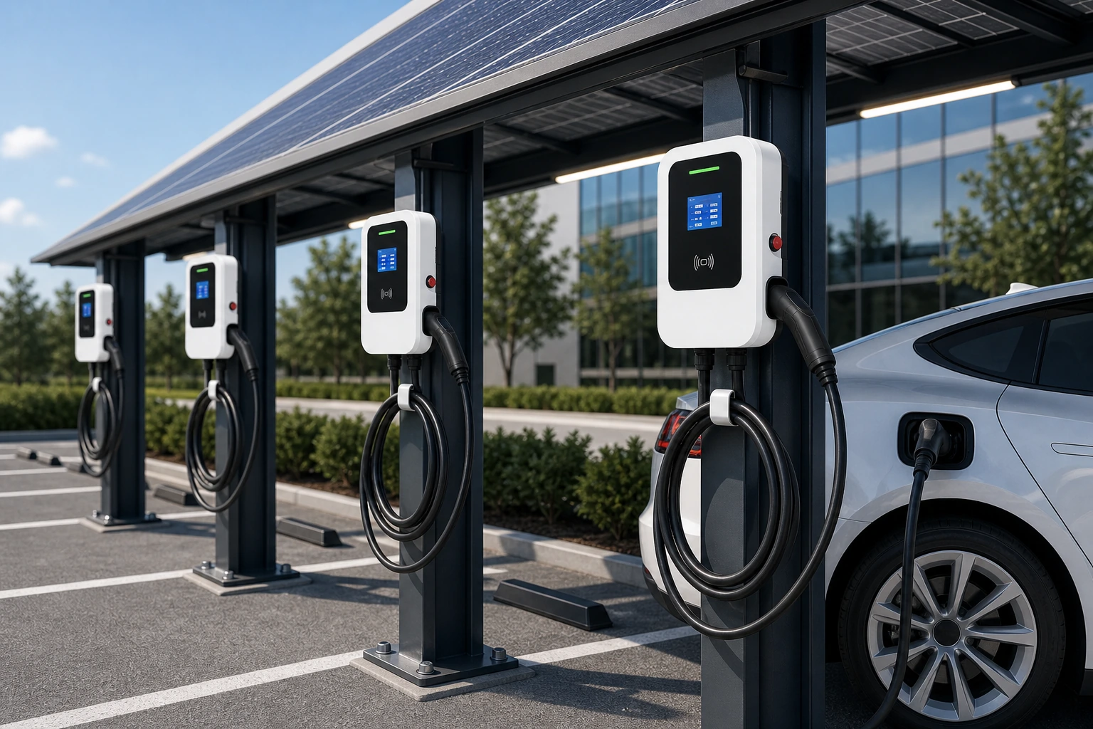 EV charging stations beside a solar canopy